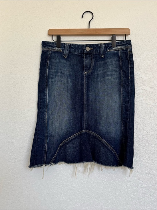 PAIGE Dresses & Skirts - Paige Dark Wash Distressed High-Low Raw Hem Denim Midi Skirt size 27
